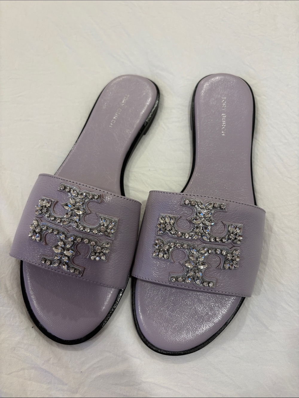 Tory Burch Lilac Crystal Logo Slide Sandals